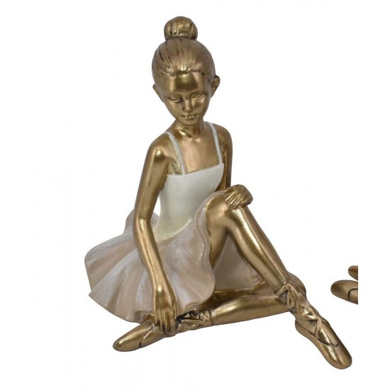 Ballerina figur siddende guld med lys kjole 17 cm