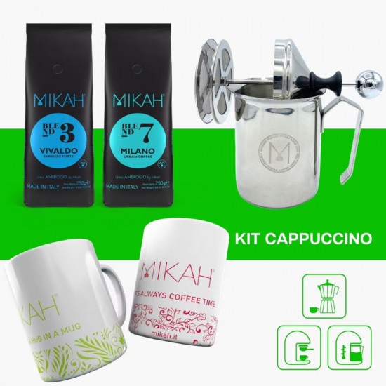 Mikah Cappucino Kit med 2x kaffe, mælkeskummer og 2x krus