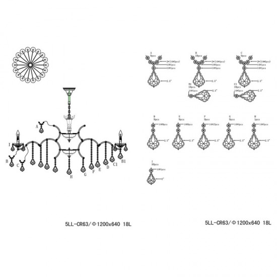 Lysekrone til 18 pærer H64cm Ø120cm